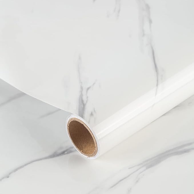 JSEVEM 16"×197" Thick White and Grey Marble Wallpaper Peel Stick Waterproof White Gray Marble Contact Paper Vinyl Glossy Self Adhesive Granite Tile Stickers for Kitchen Cabinets Bathroom Countertops