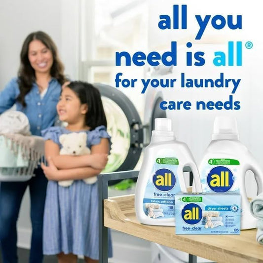 All Free Clear Dryer Sheets for Sensitive Skin, Fabric Softener Sheets, 80 Count, 2 Pack (160 Total)