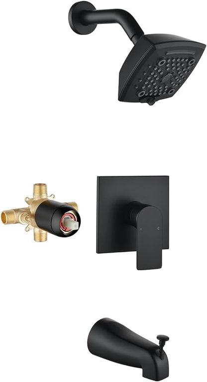 Black Shower Head and Handle Set 5 Inch Bathtub Faucet Shower Faucet with 6-Spray Shower Head Shower Valve Kit Modern Shower Set High-Pressure Shower Trim Kit