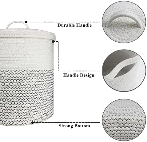 Yimi's Dream Woven Basket with Lid, Decorative Rope Storage Baskets for Organizing, medium Baskets for Baby, Kids, Toys, Blanket, Woven Baskets for Storage (White & Blacksuture, 12D x 13.5H inch)