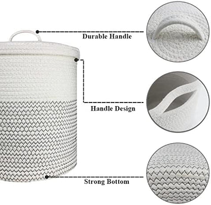 Yimi's Dream Woven Basket with Lid, Decorative Rope Storage Baskets for Organizing, medium Baskets for Baby, Kids, Toys, Blanket, Woven Baskets for Storage (White & Blacksuture, 12D x 13.5H inch)