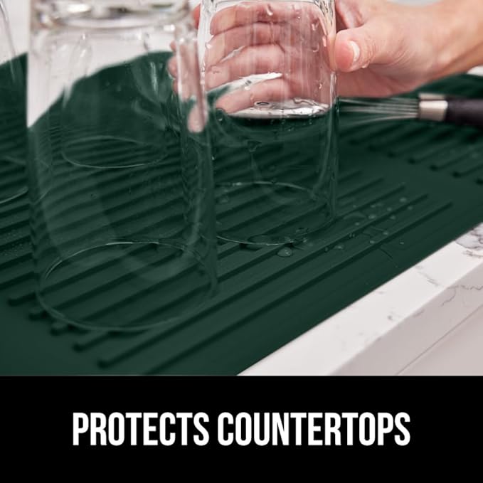 GORILLA GRIP 100% BPA-Free Silicone Dish Drying Mat for Kitchen Counter, Quick Dry, Water Catching Ribbed Design, Easy Clean Waterproof Sink Liner, Heat Resistant, Fits Under Rack, 12x16, Hunter Green
