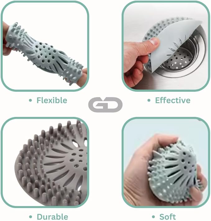 Shower Drain Hair Catcher 4 Pack – Silicone Bathtub Drain Cover, Hair Catcher for Shower Drain, Anti-Clog Drain Protector for Bathroom Tub, Kitchen Sink & Laundry, Flexible Reusable Drain Strainer