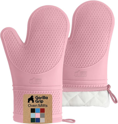 GORILLA GRIP BPA-Free Soft Silicone Oven Mitts, Heat Resistant and Waterproof Cooking Gloves, Thick Cotton Lining, Flexible Gripping for Baking Grilling, Kitchen Potholders Set of 2, 12.5x8.3, Pink