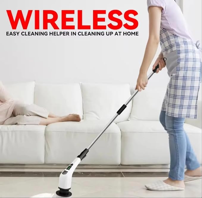 7-in-1 Electric Spin Scrubber with Long Extension Handle, Cordless Cleaning Brush with 2 Speeds, Power Scrubber with 7 Replaceable Brush Heads for Floor Tile,Bathroom,Shower Bathtub,Glass,Car etc.