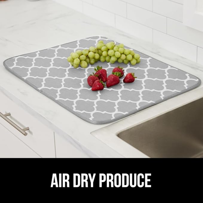 GORILLA GRIP Ultra Water Absorbent Microfiber Dish Drying Mat, 18x32, Quick Dry Thick Mesh, Slip Resistant Pad for Sink Dishes or Under Rack, Kitchen Counter Accessories, Machine Wash Mats, Quatrefoil