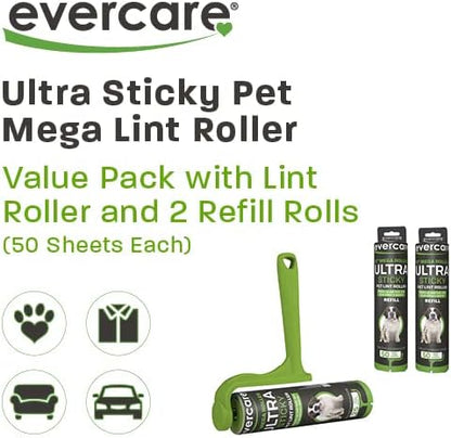 Evercare Ultra Sticky Pet Mega Lint Roller Value Pack, Manual Clothes & Furniture Cleaner with Handle and 2 Refills, 50 Sheets Each