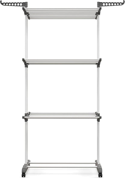Giantex Foldable Clothes Drying Rack, Oversized 4-Tier Collapsible Laundry Rack w/ 3 Retractable Trays, Hanger Holders, Moveable Laundry Garment Dryer Stand w/Wheels for Indoor Outdoor Use
