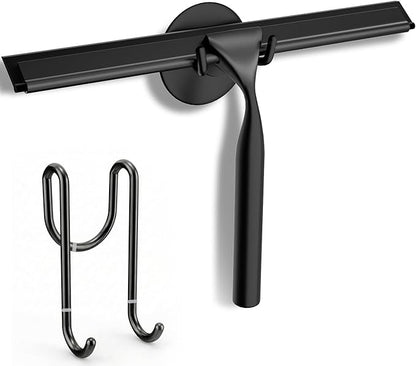 FARMER Shower Squeegee for Glass Doors, 10-Inch Glass Squeegee for Windows, Car Glass and Mirrors, Multi-Purpose Stainless Steel Squeegee with Suction Wall Hook and Over Door Hook, Black