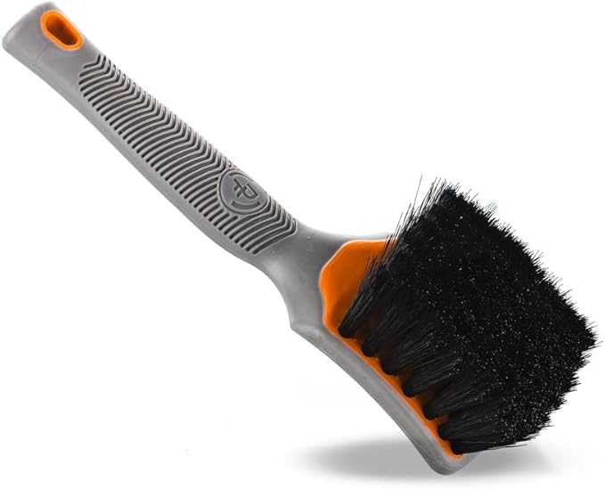 Detail Factory - ProGrip XL Tire Brush - Ergonomic ProGrip Handle, Stiff Synthetic Bristles, Ergonomic Design, Efficient Tire Brushes for Cleaning Tires - Solar Flare