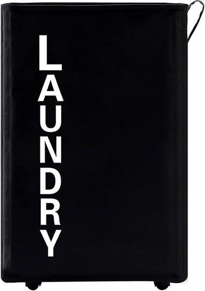 92L Extra Large Rolling Laundry Basket with Leather Handle,Tall Laundry Hamper on Wheels,Laundry Bin,Rolling Laundry Cart Black