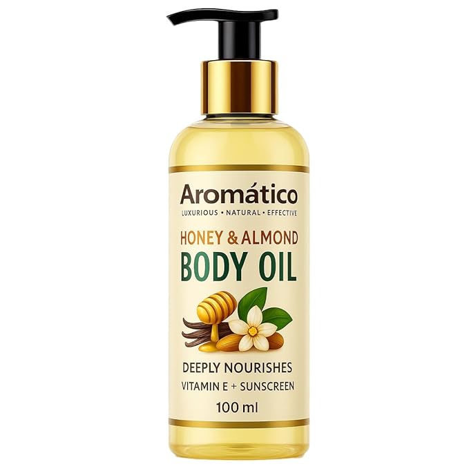 Aromatico Honey & Almond Mini Body Oil for Women. Dry Skin-Deep Hydration Formula for Glowing Skin in the Winters. Non-Sticky Texture, for Daily Use after Bath. Cozy & Creamy Fragrance - 4 fl Oz