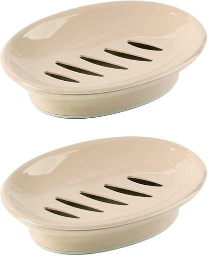 WYOK 2-Pack Soap Dish with Drain Plastic Sponge Holder Easy Cleaning Soap Saver Tray Caddy Keep Dry Stop Mushy for Shower Bathroom Kitchen(Khaki)