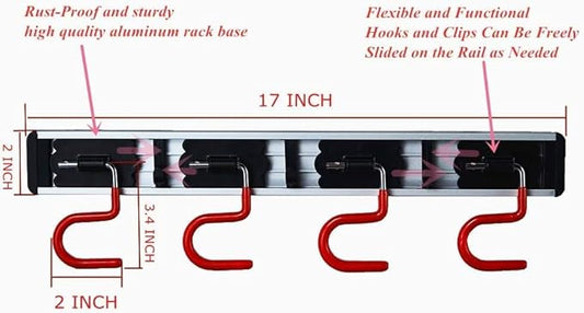 Wall Mounted Mop and Broom Holder, Stainless Steel, Red Black, 34 Inches, 8 Position Rack with 6 Hooks, S Type Organizer
