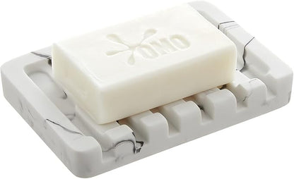 INIUNIK Self Draining Soap Dish - Marble Look Soap Holder Tray Savers Box Container Sponge Holder for Bathroom Shower Kitchen, White