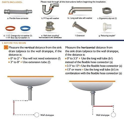Snappy Trap Universal Flexible P Trap Bathroom Sink Drain Pipe Plumbing Kit for Home Improvement, No Leaks, Easy No Tool Installation, 9-13 Inch Flex Hose & 16 Inch Product Length (DK-105 Silver)