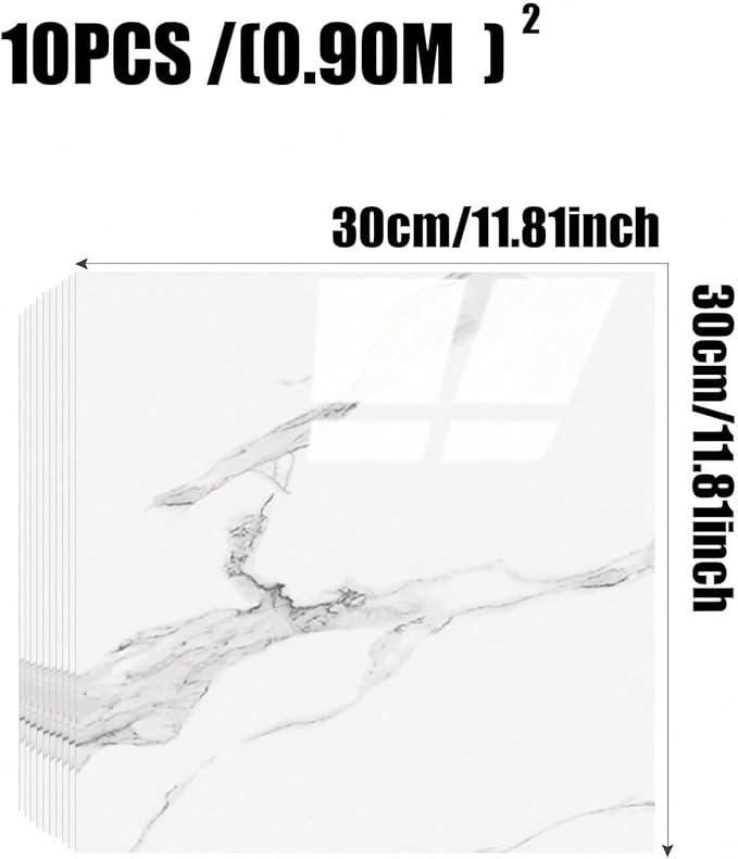 Chejiaye 10pcs Marble Peel and Stick Backsplash Waterproof Washroom Wall Panels, Peel and Stick Tile, PVC Foam Wall Panels for Kitchen,Bathroom,Living Room,White and Grey(Not Real Tile,11.8" x 11.8")