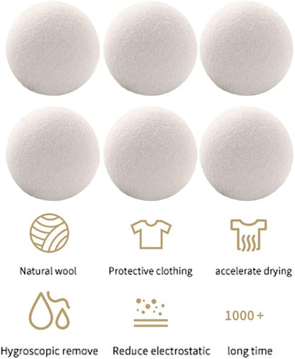 Laundry Wool Dryer Balls, 6 Pack Natural Fabric Softener, Reusable Laundry Balls for Dryer, Reduces Clothing Wrinkles and Saves Drying Time for Washing Machine Accessories