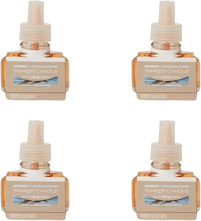 Yankee Candle ScentPlug Refill for Plug in Air Fresheners, Scented Oil Refills, Long Lasting Home Fragrance, Amber & Sandalwood (Pack of 4)