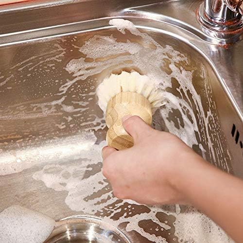 Natural Sisal Dish Washing Brush Bamboo Round Scrub Brush Pots Pans Vegetables Household Cleaning Brush, 2 Pack (White)