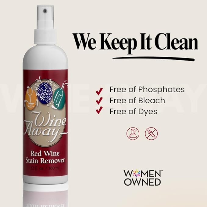 Wine Away Red Wine Stain Remover Spray - Natural Carpet and Upholstery Spot Cleaner - Effectively Removes Blood, Clothes, Coffee, & Pet Stains - Best on Both Fresh & Dried Stains - 12 Oz - Pack of 3