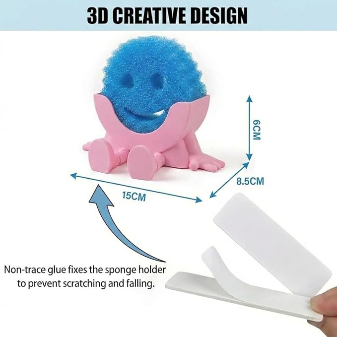 Creative Hanging Sponge Holder with Drainage/Traceless Glue, 3D Printing Countertop Funny Sponge Holders for Kitchen Sink, Keeps Your Sponge Dry & Smiling, for Scrub Daddy Holder (1, Pink)