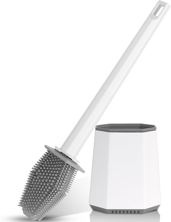 Silicone Toilet Brush and Holder Bendable Efficient Cleaning Wall Mounted Toilet Bowl Brush with Long Handle Brush Head and Silicone Bristles No Rusty Handles Problem