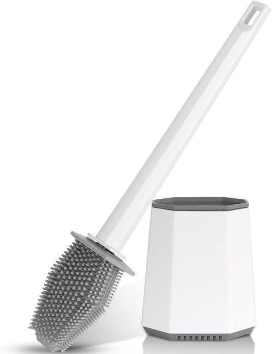 Silicone Toilet Brush and Holder Bendable Efficient Cleaning Wall Mounted Toilet Bowl Brush with Long Handle Brush Head and Silicone Bristles No Rusty Handles Problem
