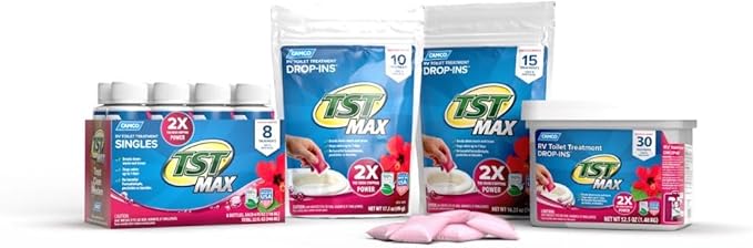 Camco TST MAX RV Toilet Treatment Drop-INs - Control Unwanted Odors and Break Down Waste and Tissue - Septic Tank Safe - Hibiscus Breeze Scent - 10-pack (41603)
