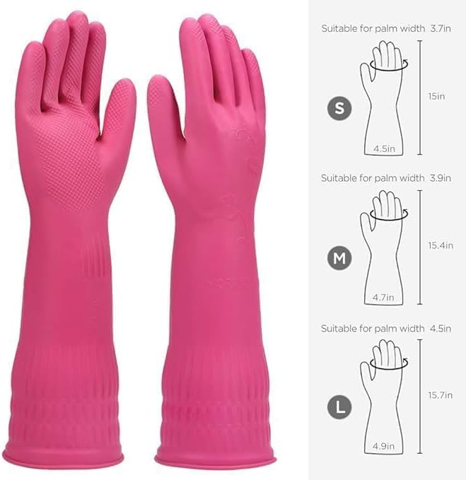 Latex Rubber Cleaning Gloves | Long Sleeve Waterproof Dishwashing, Kitchen, Bathroom, and Garden Gloves | 2 Pair Set (Pink & Red) for Hand Care and Protection