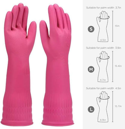 Latex Rubber Cleaning Gloves | Long Sleeve Waterproof Dishwashing, Kitchen, Bathroom, and Garden Gloves | 2 Pair Set (Pink & Red) for Hand Care and Protection