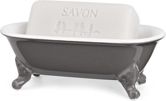 6.5" Ceramic Mini Decorative Clawfoot Bathtub Bar Soap Dish, Kitchen Sponge Holder and Shower Tray for Bathroom, 1 Pack(Stone Gray)