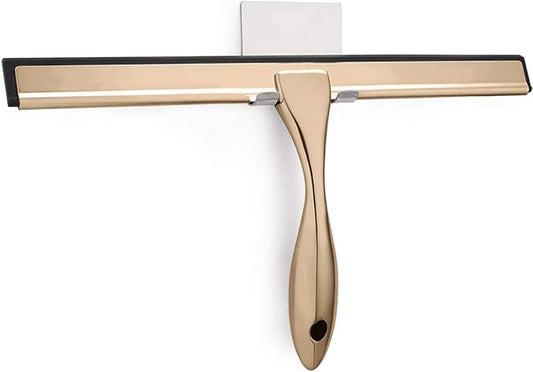 Shower Squeegee with Self Adhesive Hook, 14 Inches Stainless Steel Squeegee Cleaner, All-Purpose Window Scraper for Bathroom Doors, Mirror, Windows and Car Glass, Light Gold