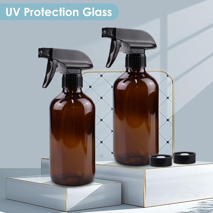 Bontip Glass Spray Bottle, Amber Glass Spray Bottle Set & Accessories Refillable for Plants Window Cleaners Aromatherapy Facial Hydration Watering Flowers Hair Care (2 Pack/16 oz) (Amber)