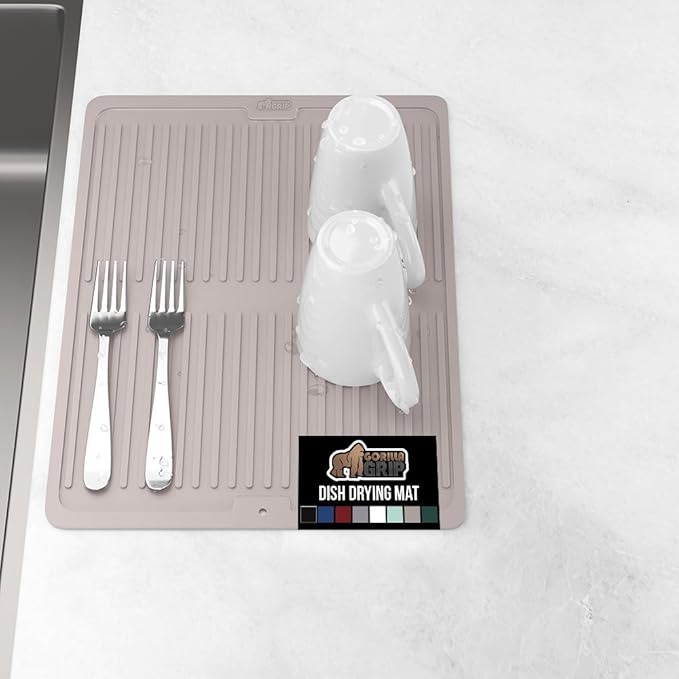 GORILLA GRIP 100% BPA-Free Patented Silicone Dish Drying Mat for Kitchen Counter, Water Catching Ribbed Design, Easy Clean Waterproof Sink Liner, Heat Resistant, Fits Under Rack, 11x13 Inch, Almond