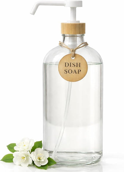 SAVVY & SORTED Glass Dish Soap Dispenser for Kitchen Sink 1 Liter, Hand Soap Dispenser for Bathroom, Refillable Clear Glass Bottles with White Bamboo Pump for Liquid Hand Wash, 34 Fl Oz
