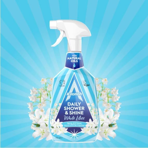 Astonish Daily Shower Shine White Lilies Cleaning Spray - No Scrub After Shower Spray Foam Prevents Watermarks & Limescale Buildup - Vegan Cruelty-Free Household Cleaning Products, 750ml Spray Bottle