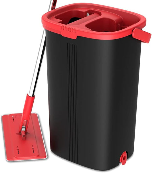 Tethys Flat Floor Mop and Bucket Set for Professional Home Floor Cleaning System with Aluminum Handle/2-Washable Microfiber Pads Perfect Home + Kitchen Cleaner for Hardwood, Laminate, Tiles, Vinyl