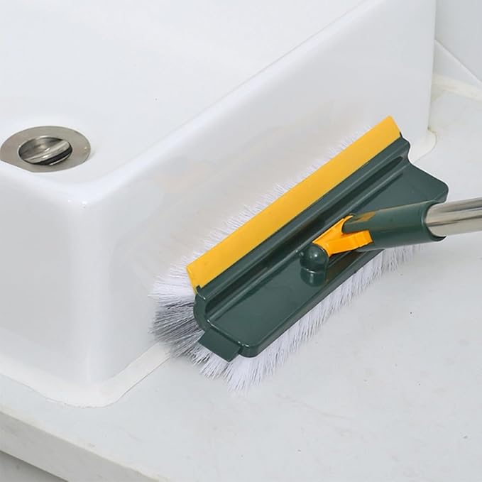 Multi-Purpose Long Handle Floor Scrub Brush with Squeegee, Stiff Bristles Bathroom Floor Scrubber for Shower and Carpet Cleaning, Green Household Cleaning Brush
