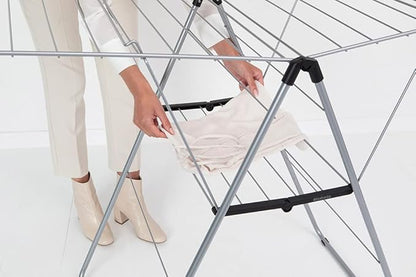 Brabantia HangOn Clothes Drying Rack | 82ft (25m) | Metallic Gray | Large Indoor Clothes Airer Laundry Stand with 2 Fold-Out Wings & Hanger Hooks, Folds Flat | Fits 2 Full Loads