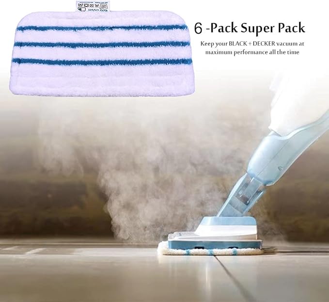 6 Pack Washable Mop Pads Replacements Compatible with Black + Decker Steam Mop (compares to SMP20). Fits: 1600 Series, HSMC1300FX HSMC1321 HSMC1361SGP BDH1855SM BDH1760SM BDH1765SM BDH1720SM BDH1725SM