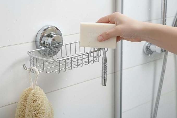 Soap Dish for Shower Suction Cup Powerful Vacuum System Rustproof 304 Stainless Steel Basket Sponges Holder with Razor Hooks for Bathroom or Kitchen Soap Holder (Silver)