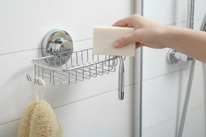 Soap Dish for Shower Suction Cup Powerful Vacuum System Rustproof 304 Stainless Steel Basket Sponges Holder with Razor Hooks for Bathroom or Kitchen Soap Holder (Silver)