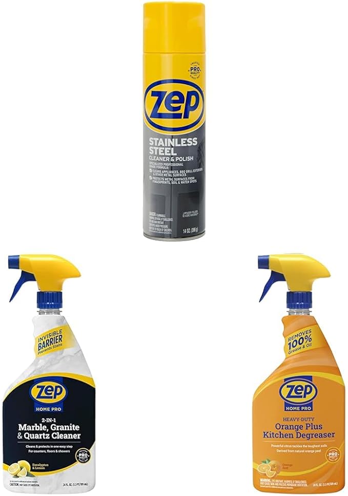 Zep Stainless Steel Cleaner and Polish + Home Pro Marble, Granite and Stone Cleaner + Home Pro Orange Kitchen Degreaser - 14 oz. ZUSSTL1 + 24 oz. R49706 + 24 oz. R49506
