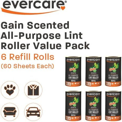 Evercare Pack of 6 Gain Scented All-Purpose Lint Roller Refill Rolls, 60 Sheets Each