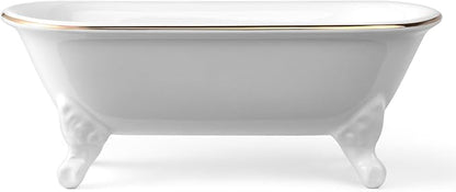 6.5" Ceramic Mini Decorative Clawfoot Bathtub Bar Soap Dish, Kitchen Sponge Holder and Shower Tray for Bathroom, 1 Pack (White Gold Rim)