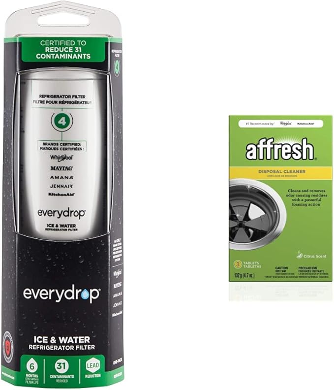 everydrop by Whirlpool Ice and Water Refrigerator Filter 4, EDR4RXD1, Single-Pack & Affresh Garbage Disposal Cleaner, Removes Odor-Causing Residues, 3 Tablets