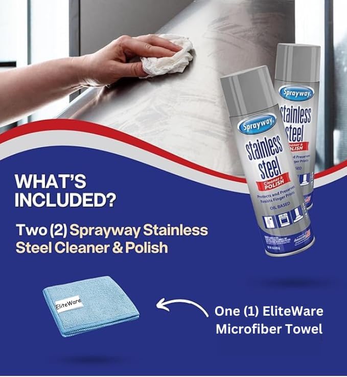 Sprayway Stainless Steel Cleaner Bundle – (2) 15 Oz Stainless Steel Cleaner Polish Cans + EliteWare Premium Microfiber Cloth – Streak-Free Shine for Appliances, Refrigerators & More