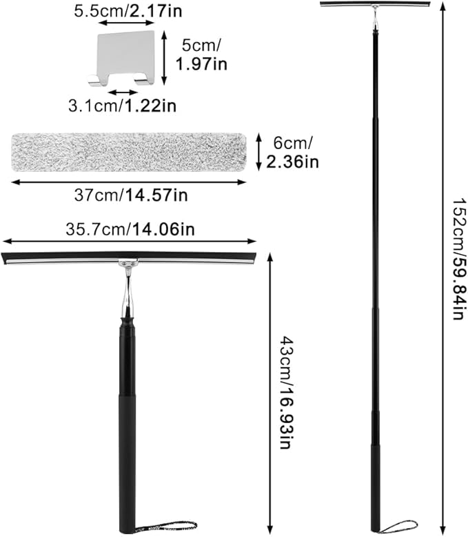 Shower Squeegee with Long Handle and Adhesive Hook, 16.93" to 59.84" Telescopic Squeegee for Window Cleaning, Bathroom Cleaner Window Cleaning Tool for Mirror, Glass, Ceramic Tile(Color:Black)