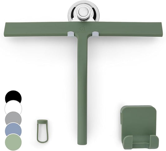 GÜTEWERK Silicone Shower Squeegee for Glass Doors & Mirrors with Stainless Steel Core, Streak-Free & No-Squeak Window Cleaning, 3-in-1 No-Drill Mount (Hook/Suction/Adhesive),Green, 11 Inches
